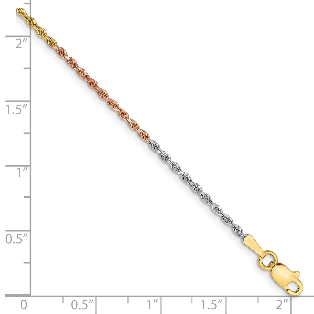 Cadena tricolor de 14 quilates con corte de diamante de 8 pulgadas y 1,5 mm con cadena con cierre de langosta