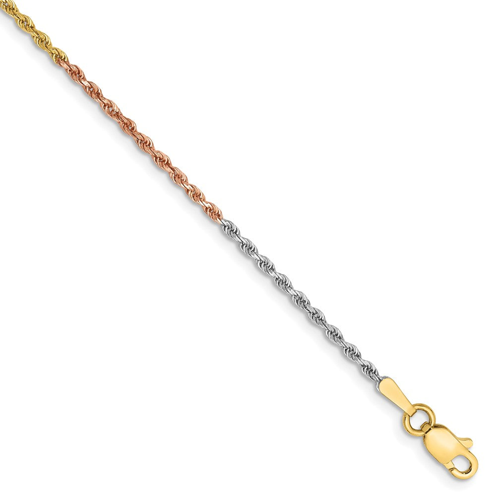 Tobillera de cadena de cuerda con corte de diamante de 14k tricolor de 1,5 mm