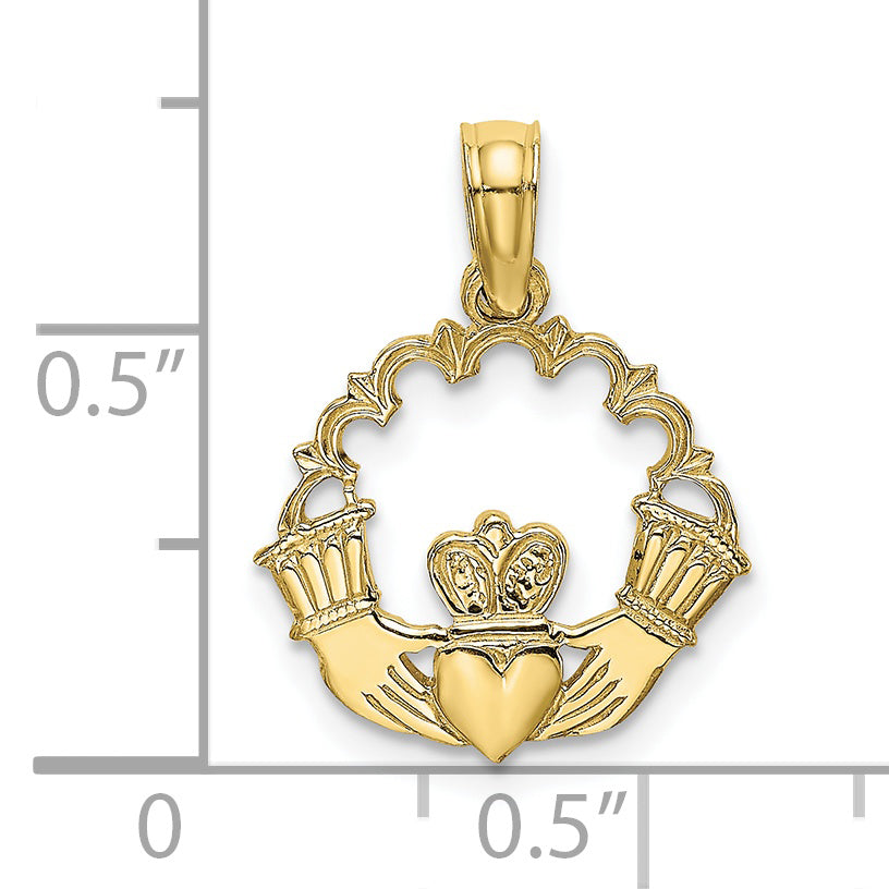 Dije circular de Claddagh grabado en 10 quilates con forma de festón