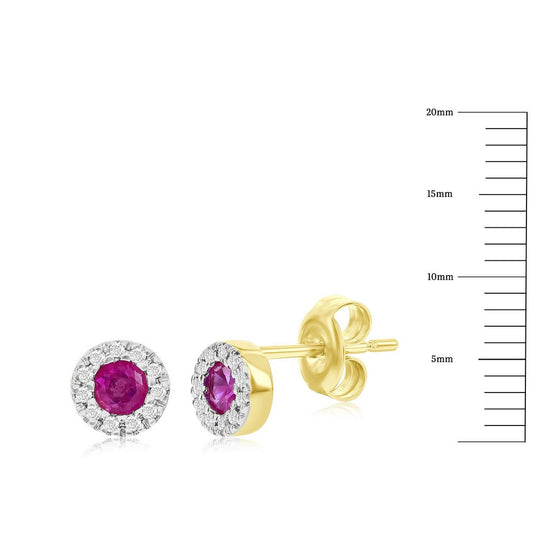 Pendientes de oro amarillo de 14 quilates, rubí redondo de 3 mm (0,32 ct) y diamantes - (22 piedras)