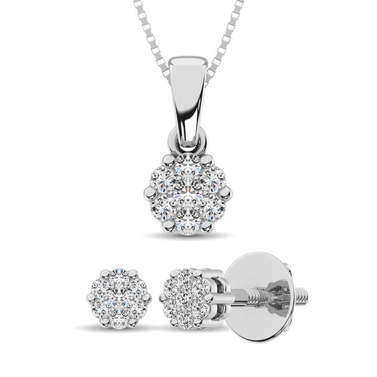 Plata de ley de 1/4 qt.Tw. Conjunto de joyas de flores de diamantes