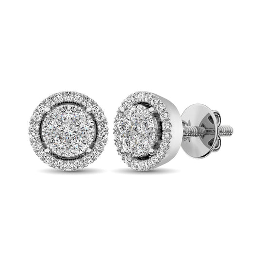 Oro blanco de 14 quilates de 1 qt. total Aretes con forma de flor de diamantes