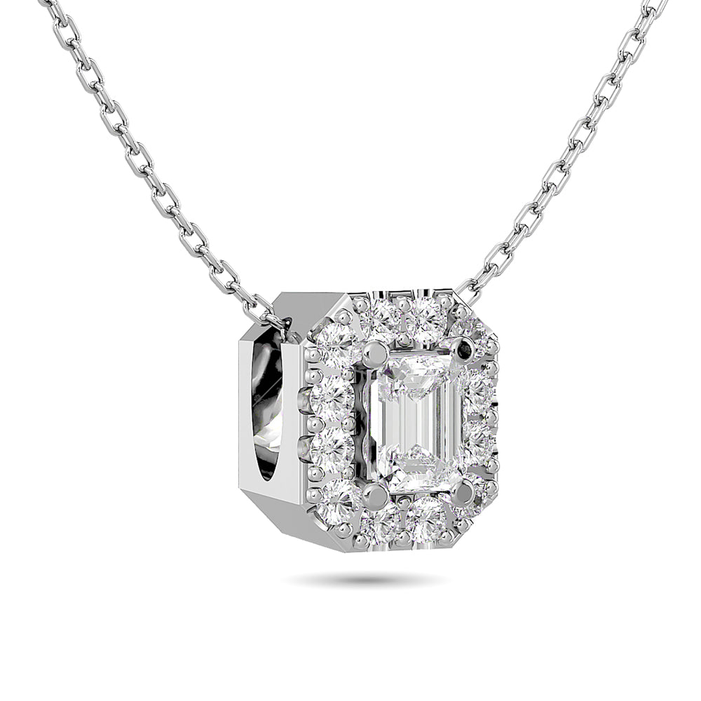 Colgante con halo único de diamantes de talla esmeralda de 1/4 qt de peso total en oro blanco de 14 k