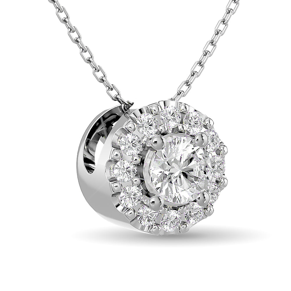 Colgante con halo único de diamantes de talla redonda de 1/4 qt de peso total en oro blanco de 14 k