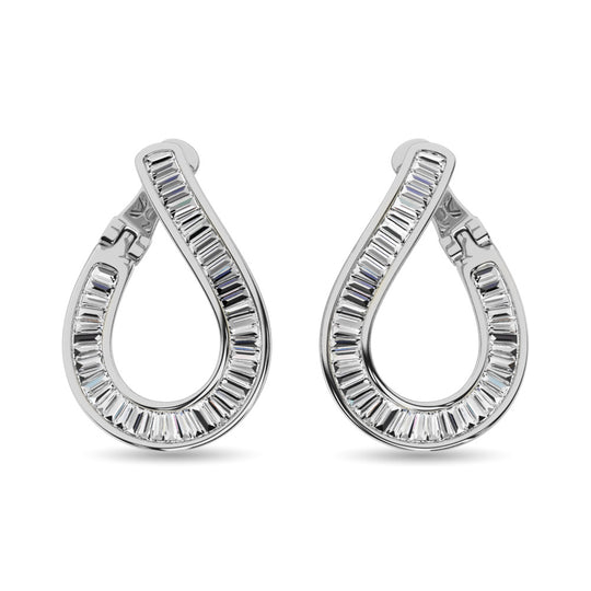 Diamante 1 1/2 Ct.Tw. Aretes tipo argolla de talla baguette en oro blanco de 14 k