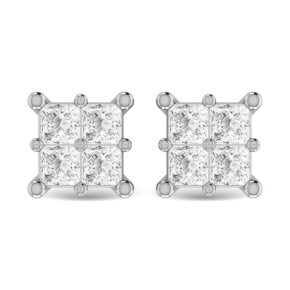 Diamante 1/4 Ct.Tw. Aretes de moda de talla princesa en oro blanco de 14 k