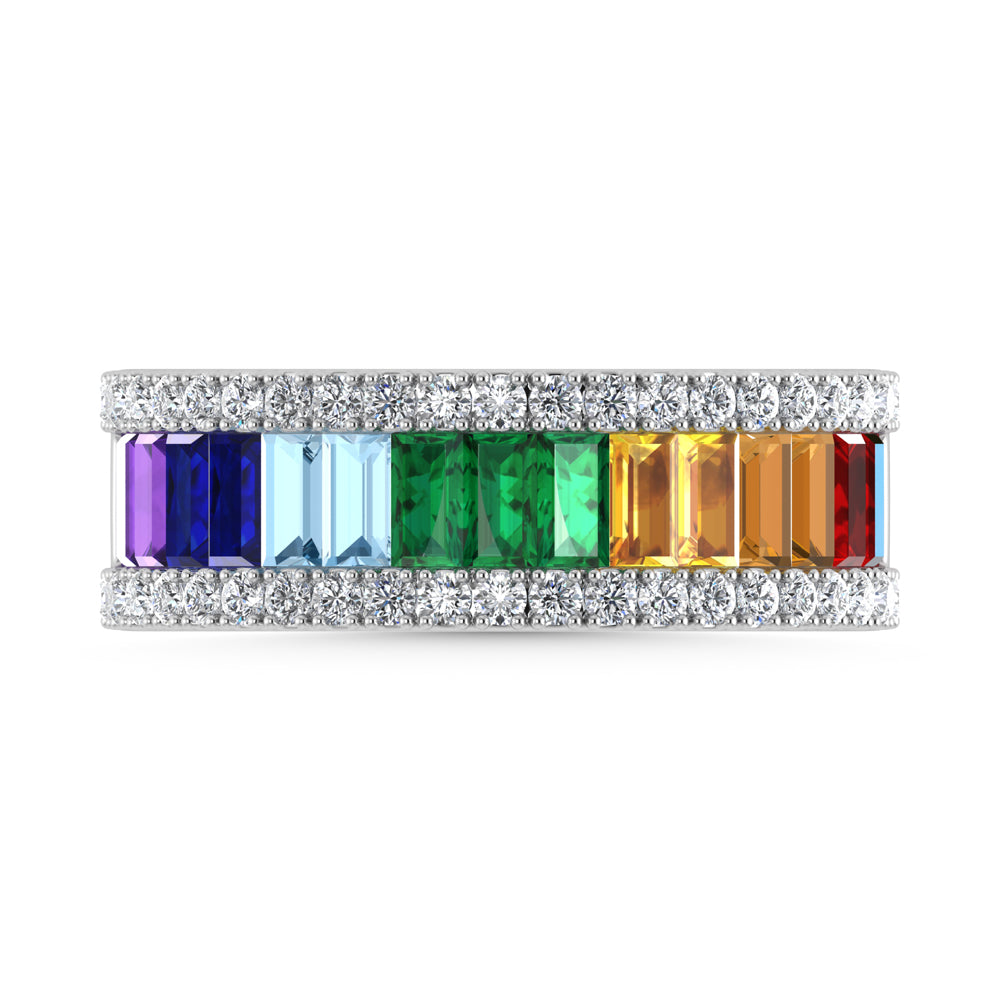 Diamante de oro blanco de 14 quilates de 2 3/4 qt. Dos. Banda Arco Iris Baguette Recta