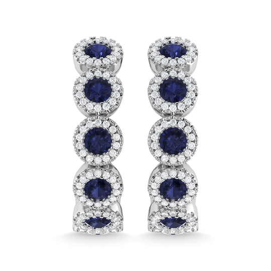 Oro blanco de 14 quilates, zafiro azul y diamante de 1 1/4 qt.Tw. Pendientes de moda