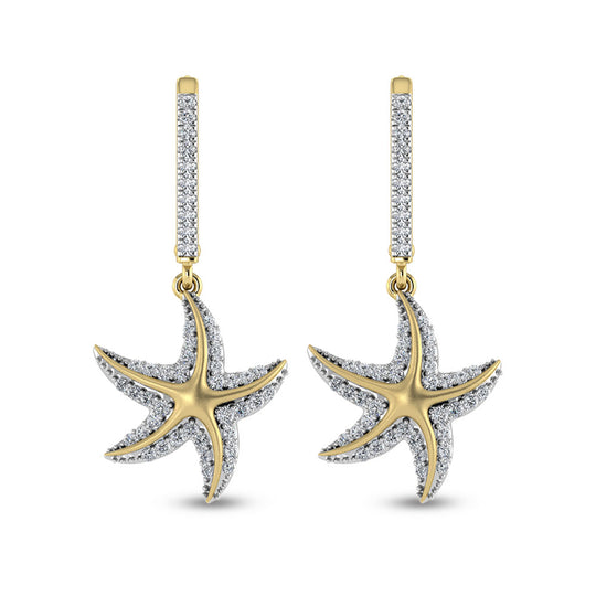 Diamante en oro amarillo de 14 quilates de 3/8 quilates total. Pendientes colgantes de estrella de mar