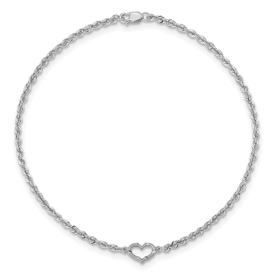 Tobillera de oro blanco de 14 k con cuerda de talla diamante y corazón de 10 pulgadas