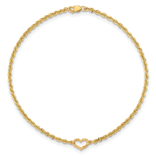 Tobillera de cuerda con corazón abierto con talla de diamante de 14k