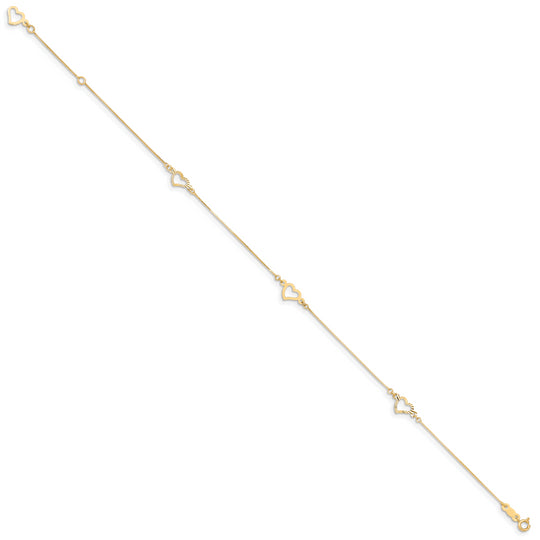 Corazón elegante ajustable de 14K de 9 pulgadas más extensión de 1 pulgada. TOBILLERA