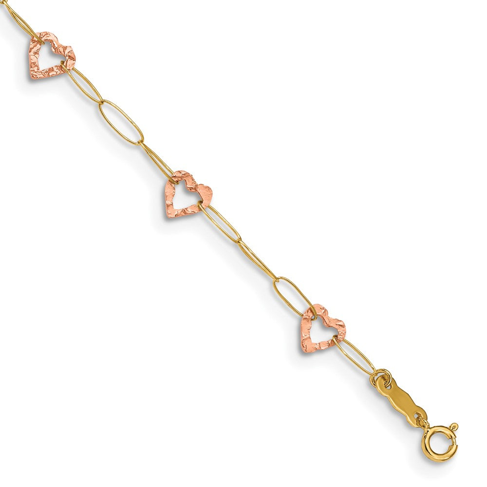 Tobillera con forma de corazón ajustable en dos tonos de 14 k de 9 pulgadas más extensión de 1 pulgada