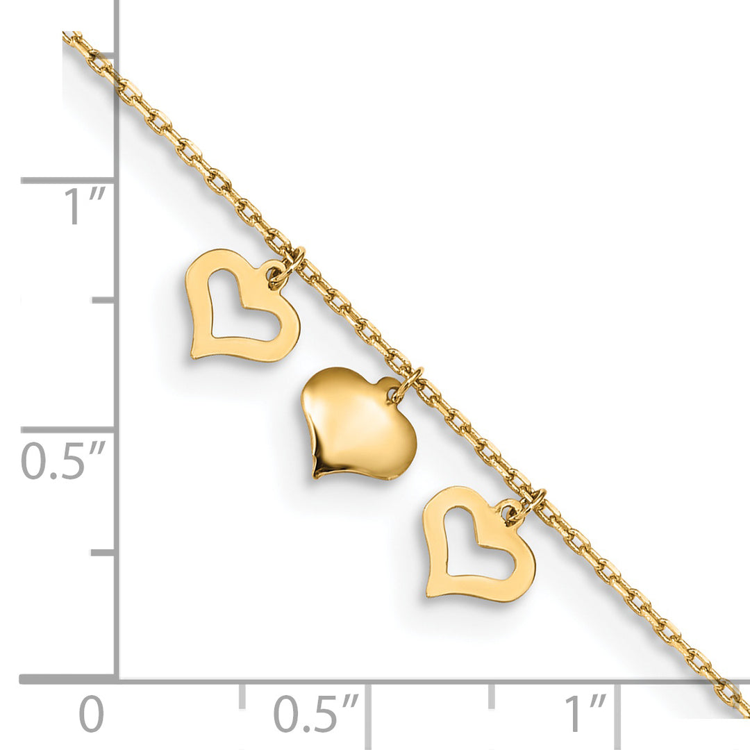 Tobillera de extensión de 14k con 3 corazones de 9 pulgadas más 1 pulgada