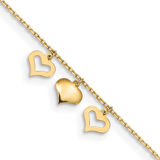 Tobillera de extensión de 14k con 3 corazones de 9 pulgadas más 1 pulgada