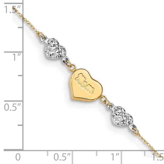 Tobillera MOM de corazones inflados con talla de diamante en dos tonos de 14 quilates de 10 pulgadas más 1 pulgada de extensión