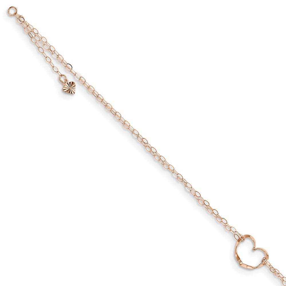 Tobillera de oro rosa de 14 k con forma de corazón de doble hebra de 9 pulgadas más extensión de 1 pulgada