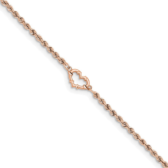 Tobillera de 9 pulgadas con forma de corazón y cuerda con corte de diamante en oro rosa de 14 k