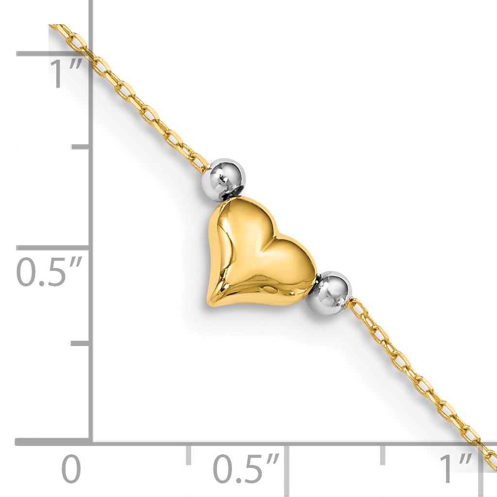 Tobillera de 10 pulgadas con corazón inflado pulido en dos tonos de 14 k con cuentas