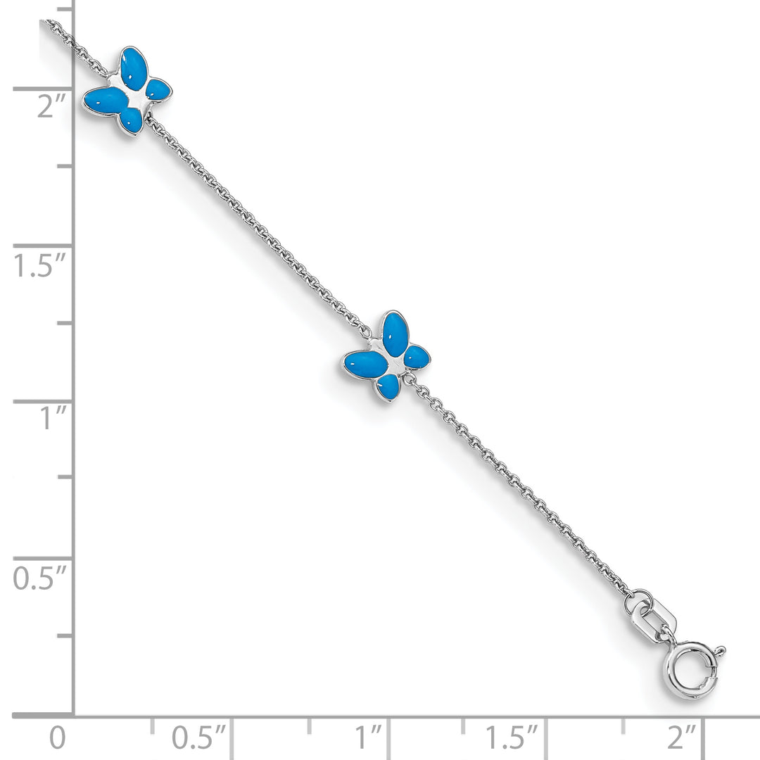 Tobillera de 10 pulgadas con mariposa esmaltada azul en oro blanco de 14k