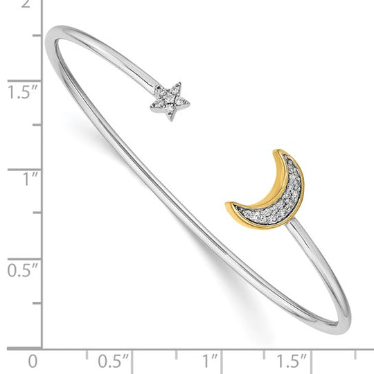 Pulsera Abierta de Oro de 14k Bicolor con Diseño de Luna y Estrella con Diamantes