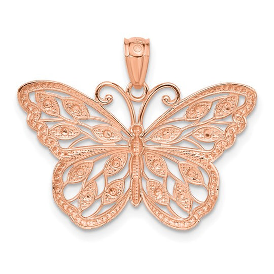 Dije de Mariposa en Oro Rosa de 14K con Corte Diamante y Rodio