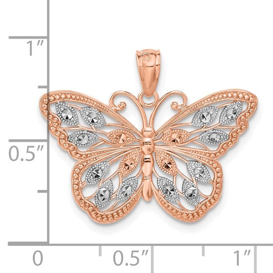 Dije de Mariposa en Oro Rosa de 14K con Corte Diamante y Rodio