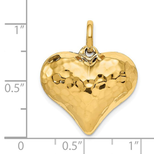 Dije de Corazón 3D Pulido y Martillado en Oro Amarillo de 14k