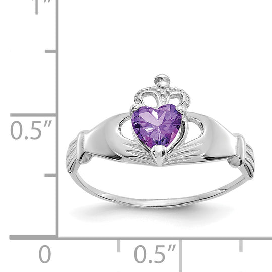 Anillo de Oro Blanco de 14k con Piedra Natal de Febrero y Corazón de Claddagh