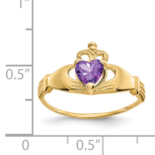 Anillo de Corazón Claddagh con Piedra Natal de febrero de Circonita Cúbica en Oro de 14k