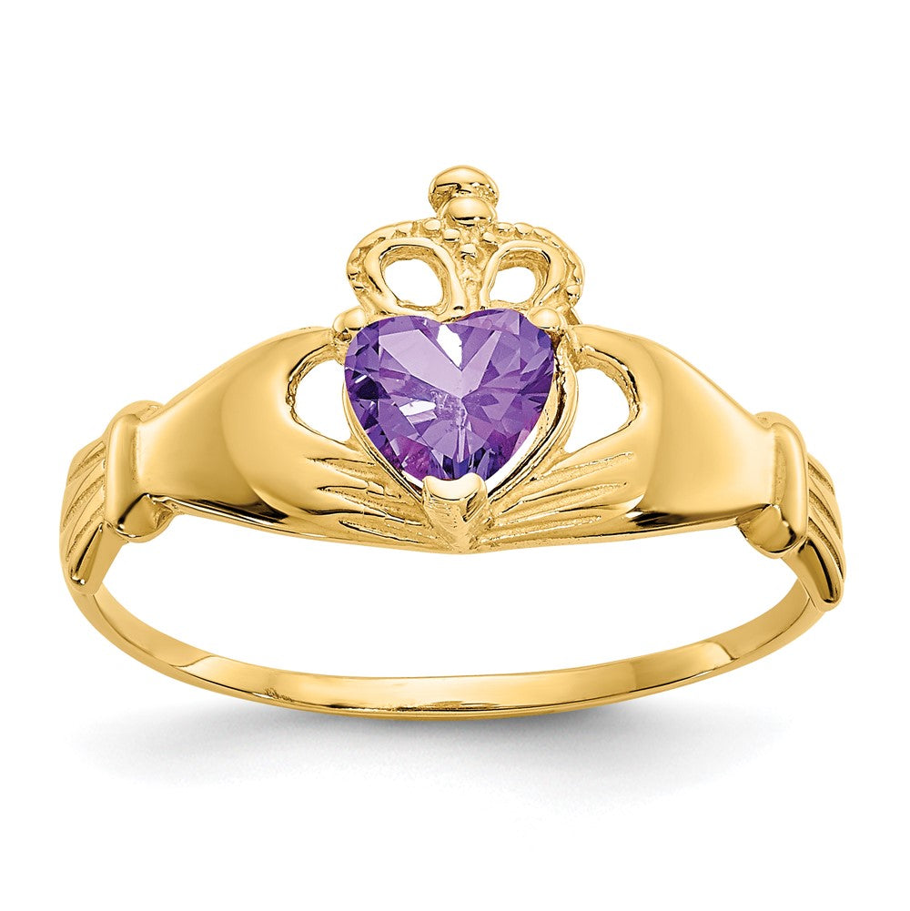 Anillo de Corazón Claddagh con Piedra Natal de febrero de Circonita Cúbica en Oro de 14k