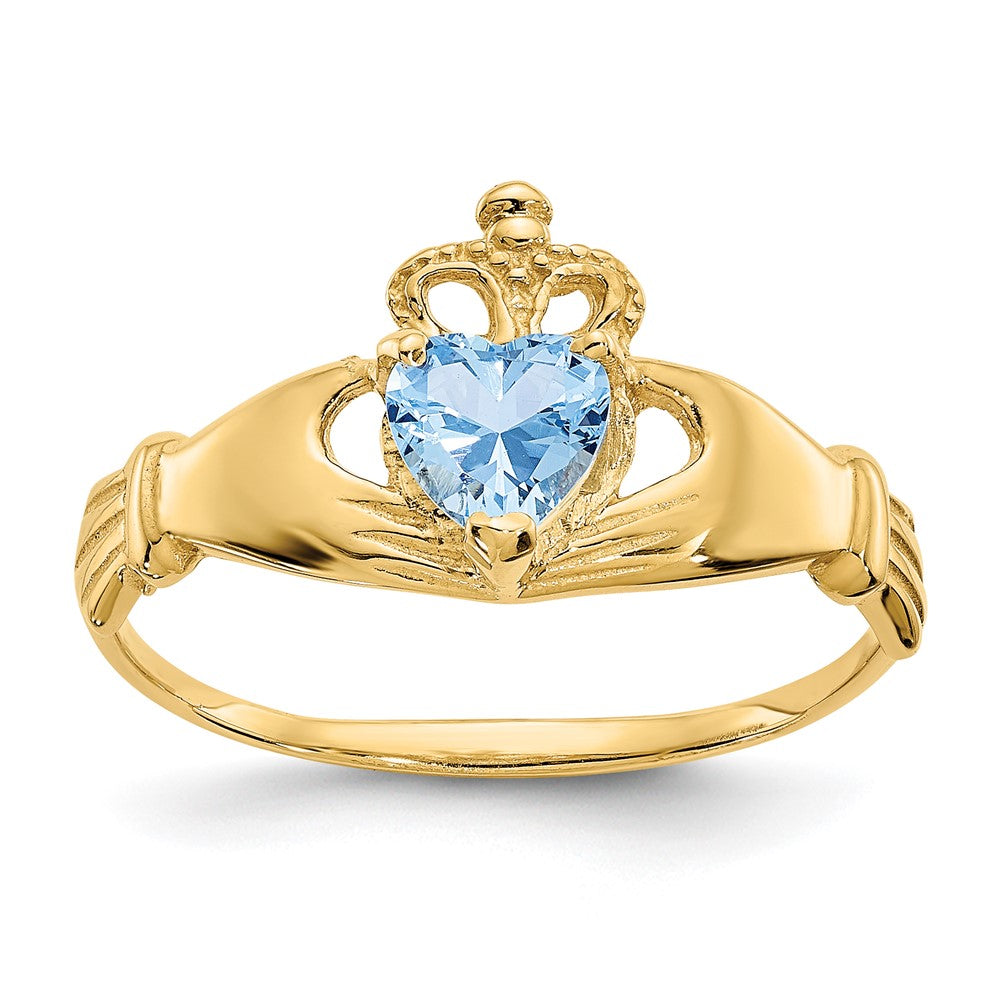 Anillo de Corazón Claddagh con Piedra Natal de Marzo de Circonita Cúbica de 14k