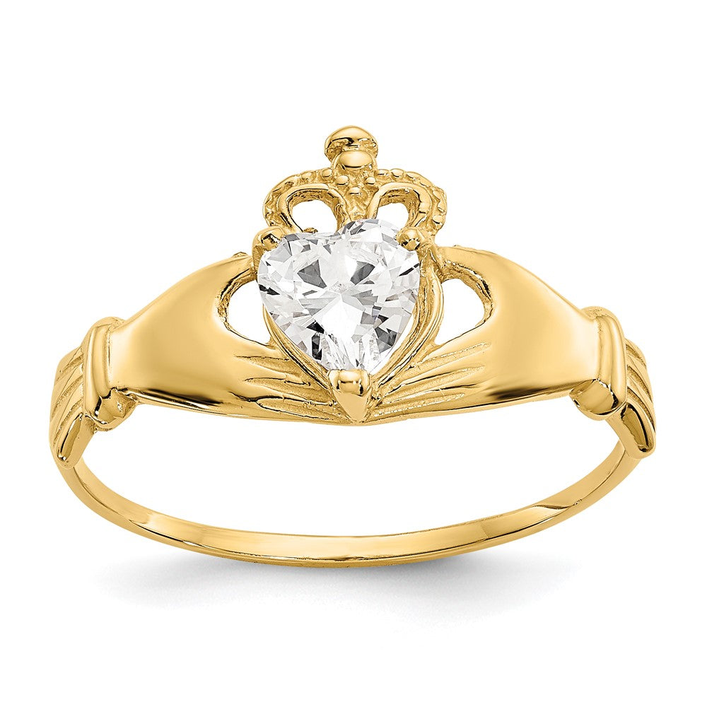 Anillo de Corazón Claddagh con Piedra Natal de Abril de 14k con Circonita Cúbica