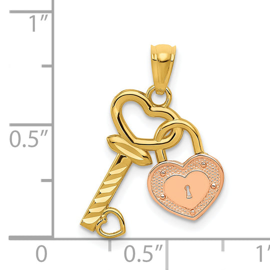 Colgante en Forma de Corazón con Cerradura y Llave Bicolor de 14k