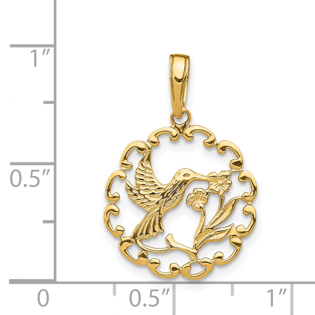 Colgante Colibrí con Flor en Marco en Oro de 14k