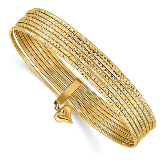 Set de 7 Pulseras Bangle Texturizadas en Oro Amarillo de 14k con Corazón Colgante Sobresaliente