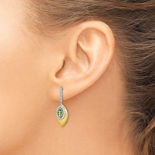 Aretes Colgantes con Diamantes y Peridoto en Oro Bicolor de 14k