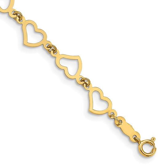 Pulsera Plana de Corazones Abiertos de 14K