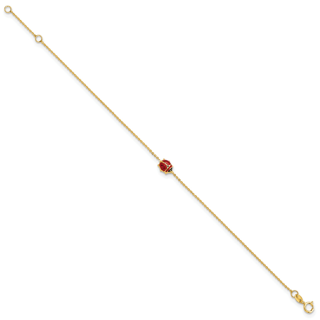 Mariquita esmaltada pulida de 14k de 6,5 pulgadas con extensión de 0,75 pulgadas. Pulsera