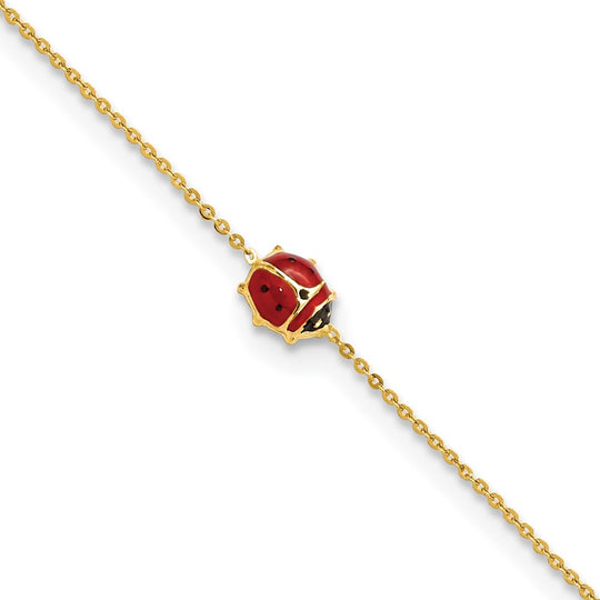 Mariquita esmaltada pulida de 14k de 6,5 pulgadas con extensión de 0,75 pulgadas. Pulsera