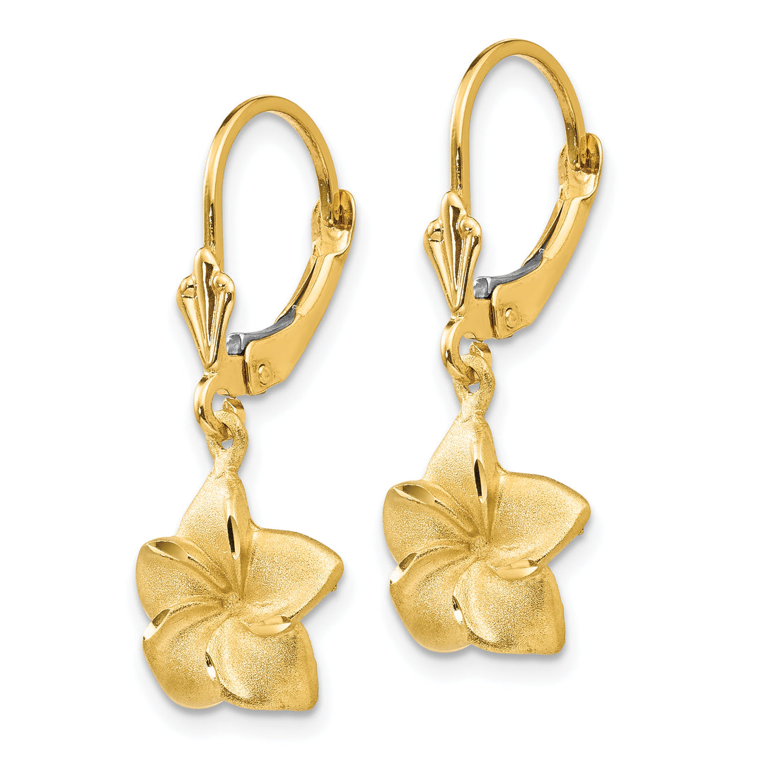 Aretes Colgantes de Plumeria de Talla Diamante y Satén en Oro Amarillo de 14k