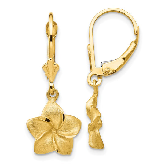 Aretes Colgantes de Plumeria de Talla Diamante y Satén en Oro Amarillo de 14k