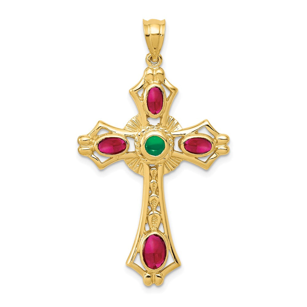 Colgante de cruz con cabujón de rubí y esmeralda de 14 quilates