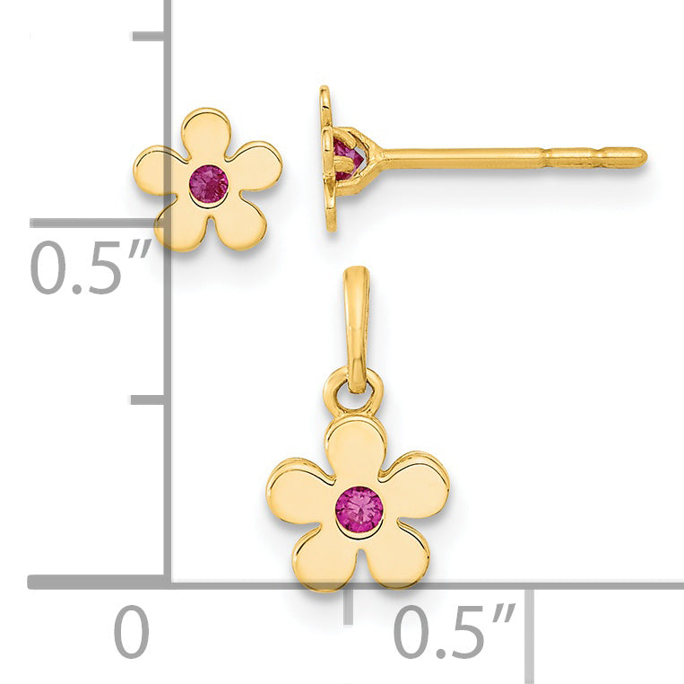 Juego de aretes con forma de flor y colgante de flor con circonita cúbica pulida Madi K de 14 quilates