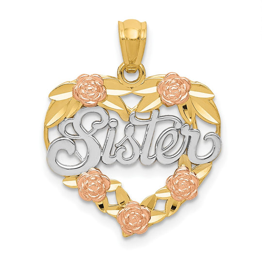 Colgante de corazón SISTER de dos tonos de 14 k con rodio blanco