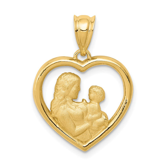 Dije de corazón de mamá/bebé satinado y pulido de 14 k