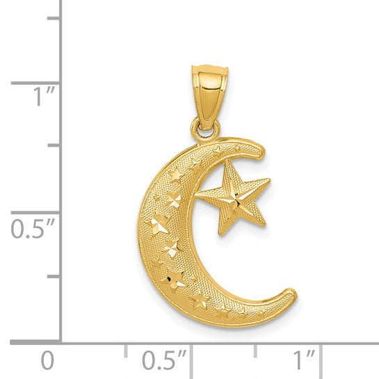 Colgante de Luna y Estrellas en Oro Amarillo de 14K Pulido y Texturizado