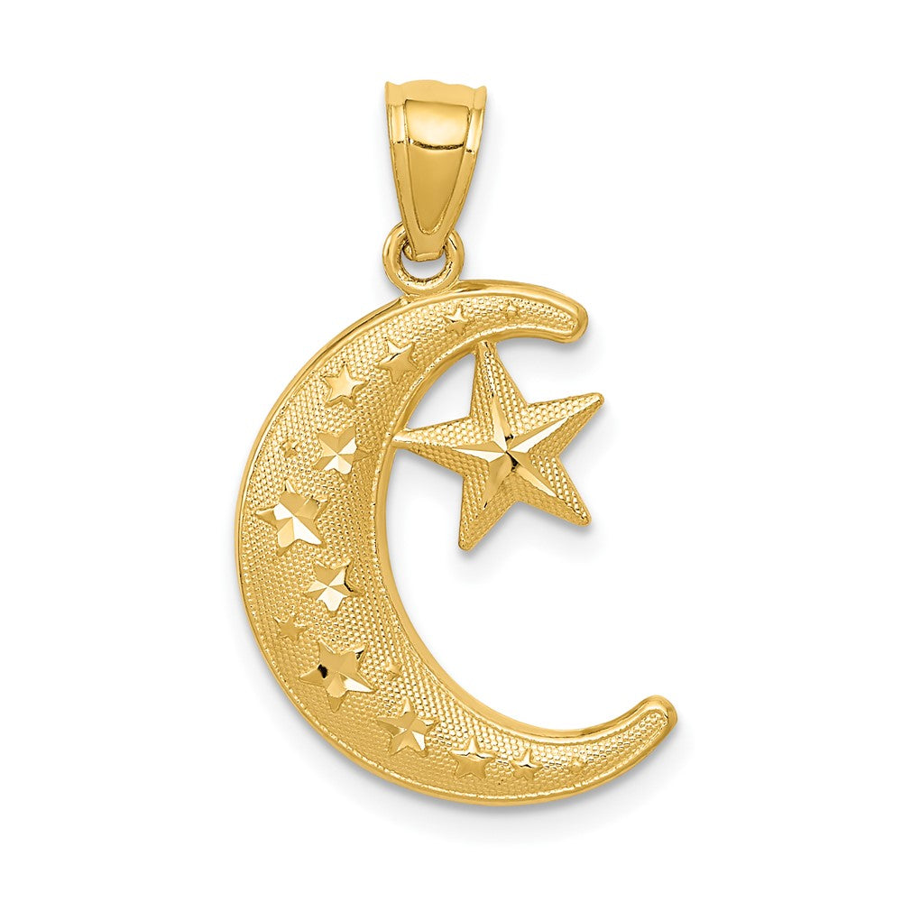 Colgante de luna y estrellas de oro pulido y texturizado de 14 k