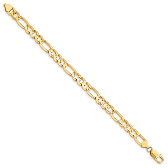 Pulsera Figaro abierta cóncava de 14k y 7,5 mm