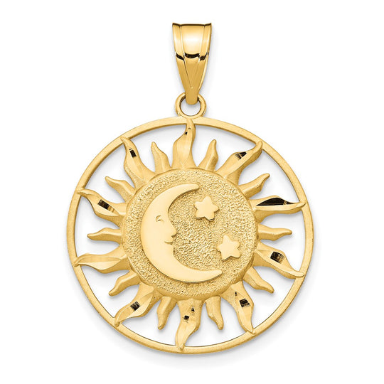 Dije de sol con luna y estrellas de talla diamante de 14k